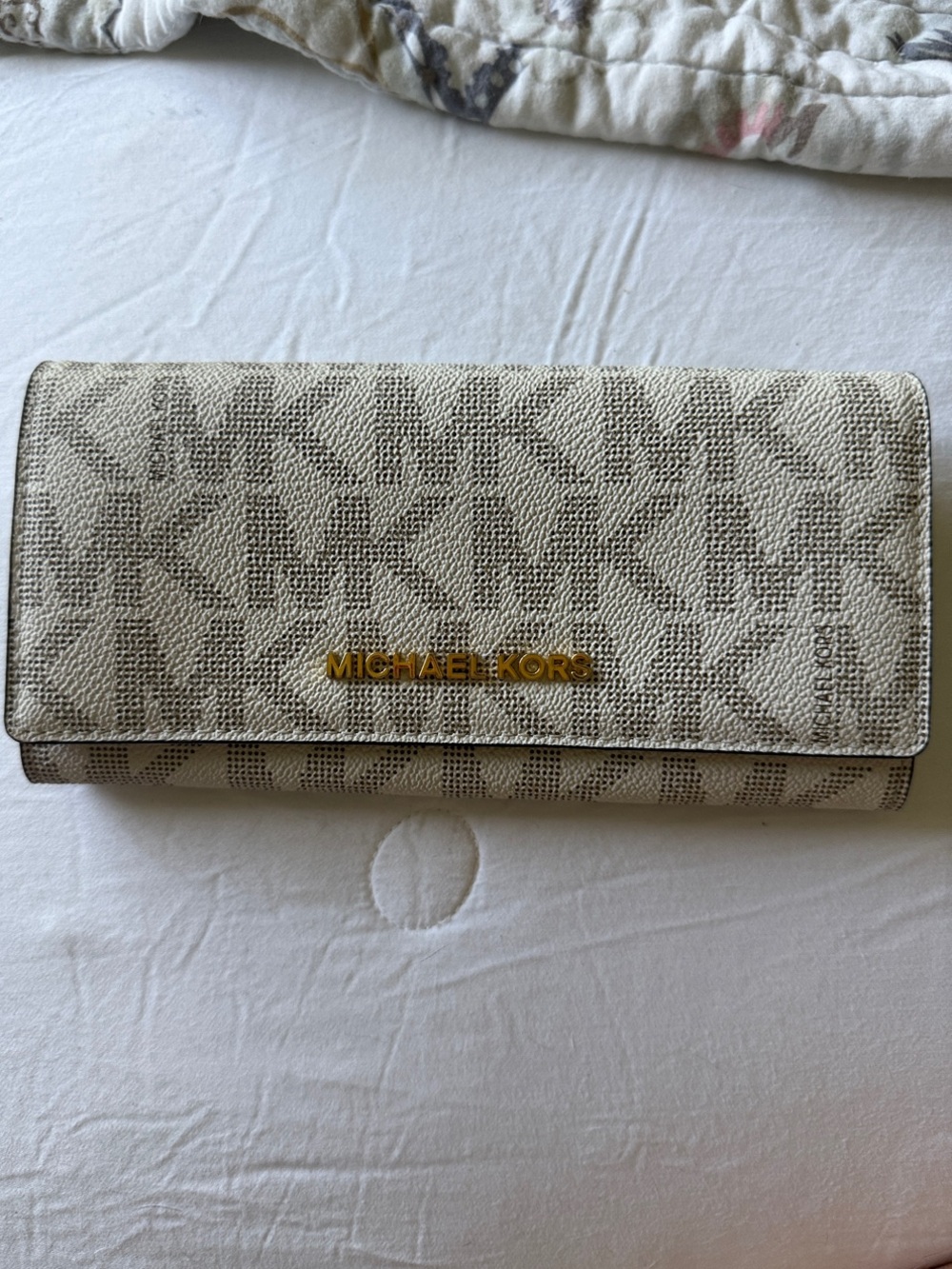 Michael Kors Cream Signature MK Logo Wallet with Gold Hardware